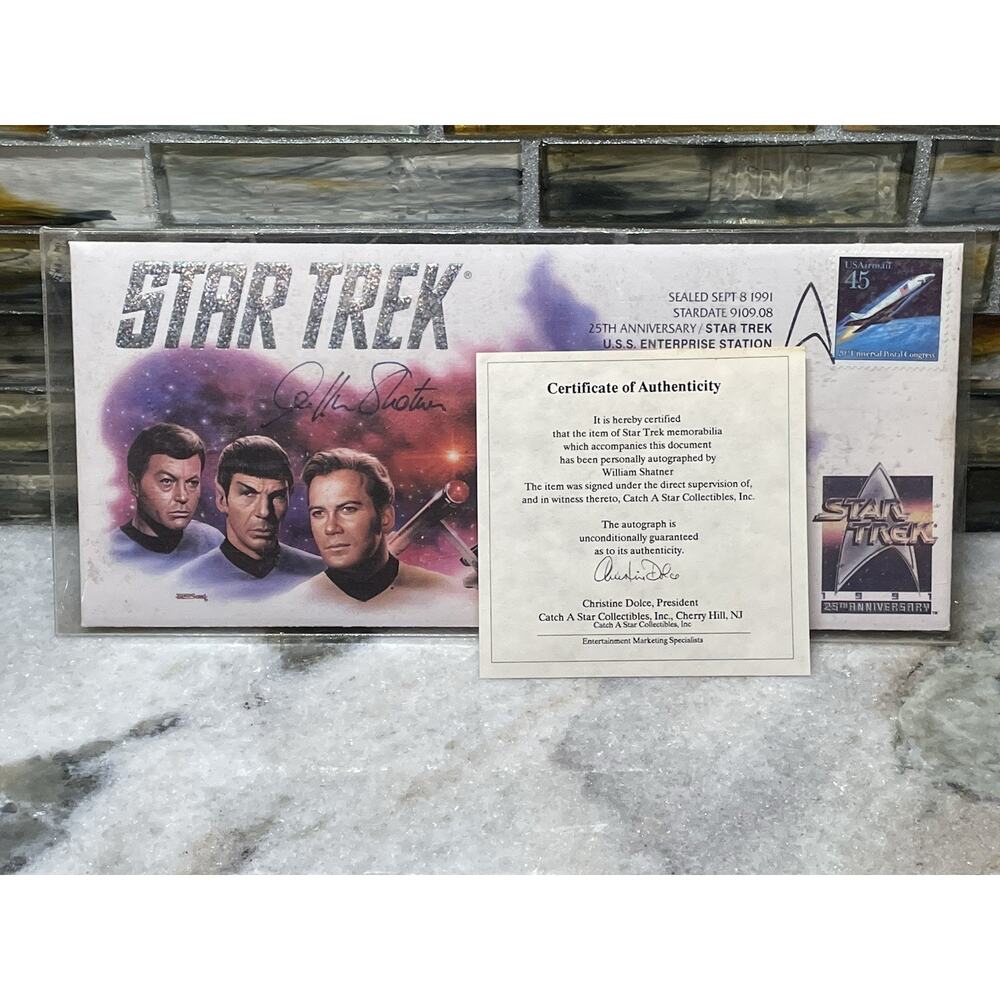 Signed WILLIAM SHATNER 1991 Star Trek 25th Anniversary Envelope Beckett COA